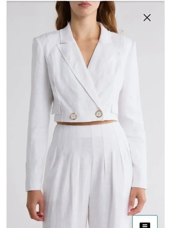 Ramy Brook Emmeline Jacket White Cropped Blazer Gold Buttons Linen Blend Sz 14 - Picture 1 of 13
